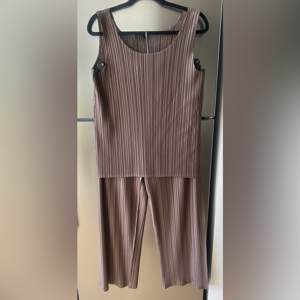 Pleated Matching Set Top & Pants Taupe Brown Minimalist Stretch Set XL
